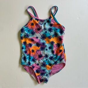 Speedo Swimsuit Small One Piece Racer Back Splice Lined Palm Trees Pink Blue 7 8